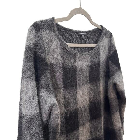 Eileen Fisher Mohair Alpaca Blend Check Plaid Sweater Black Gray Size Medium - Picture 8 of 10